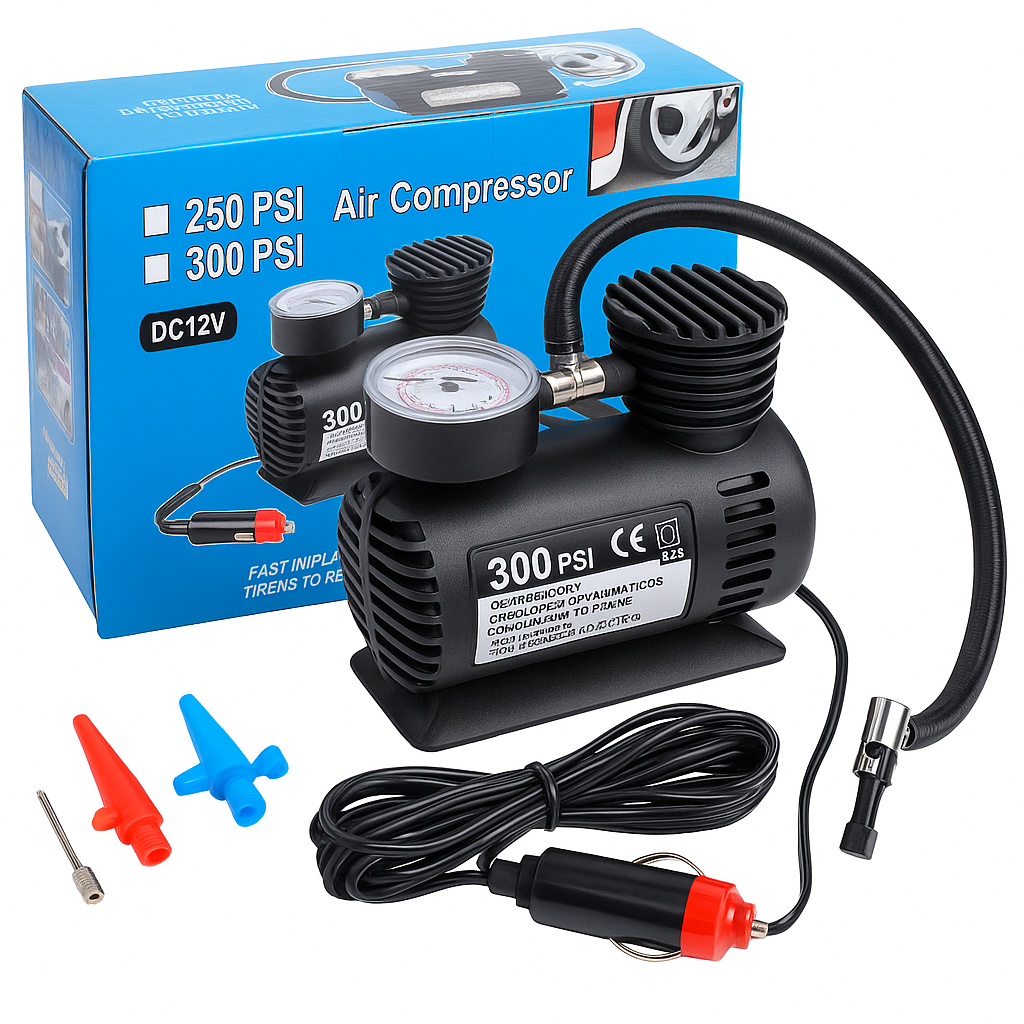 Mini Compresor Portátil 12V 300 PSI – Infla Llantas y Más en Minutos