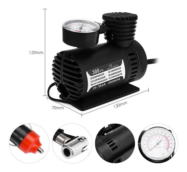 Mini Compresor Portátil 12V 300 PSI – Infla Llantas y Más en Minutos