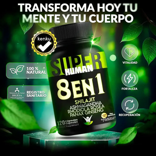 8 en 1 Cápsulas - Shilajit Ashwagandha Rhodiola Rosea Panax y Ginseng (120 Cápsulas) SuperHuman™ PG