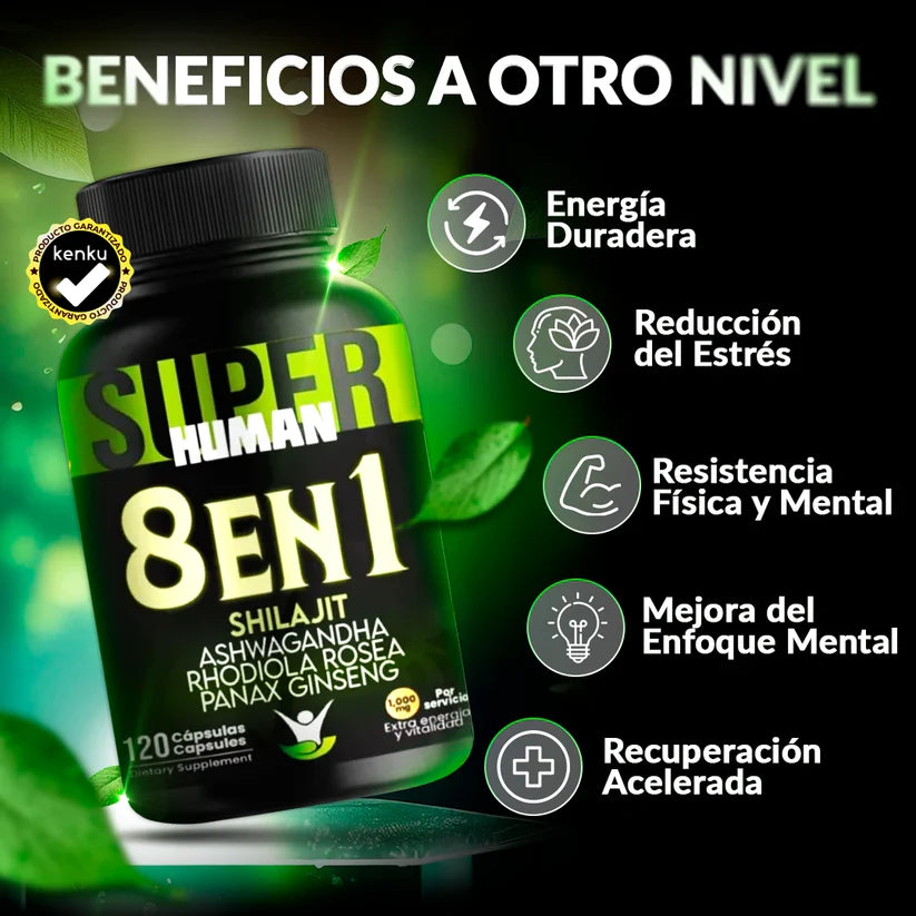 8 en 1 Cápsulas - Shilajit Ashwagandha Rhodiola Rosea Panax y Ginseng (120 Cápsulas) SuperHuman™ PG
